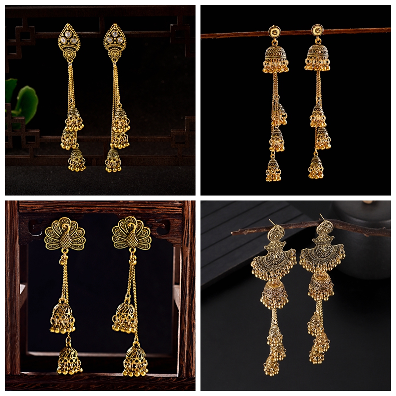Indian Wedding Supply - Nowe złote kolczyki Jhumka z dzwoneczkami