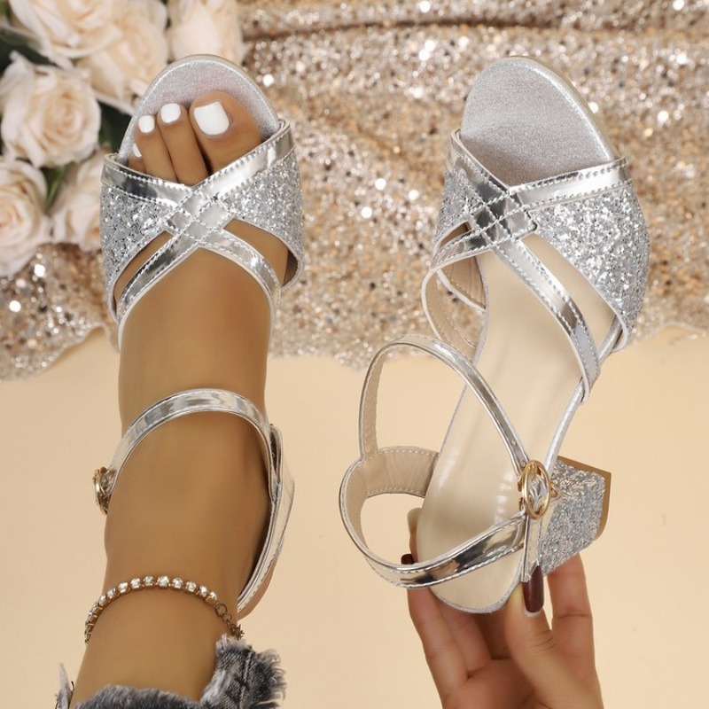 Wedding Shop - Damskie sandały na słupku, złote, błyszczące,